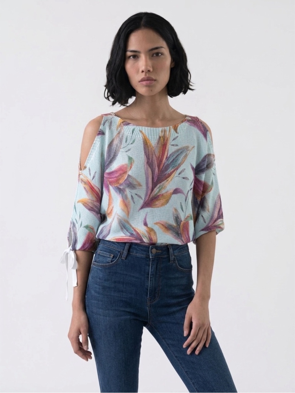Light Blue Floral-Print Knit Pullover Sweater